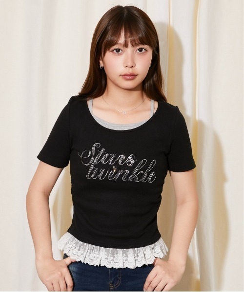 tシャツ 半袖 「ラインストーンロゴ×レースレイヤード」カットソー