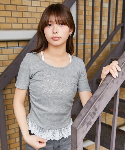 tシャツ 半袖 「ラインストーンロゴ×レースレイヤード」カットソー