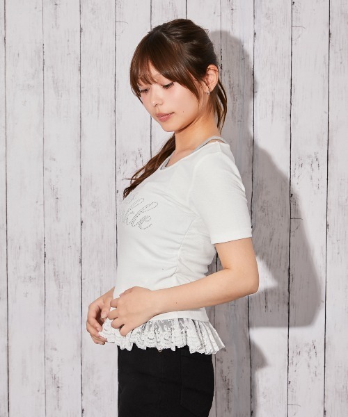 tシャツ 半袖 「ラインストーンロゴ×レースレイヤード」カットソー