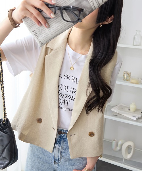 【極美品】ダイアグラム　24SS ブッチャーテーラーベスト　ジレ　ベージュ　S ベスト ジレ 夏 テーラードショートジレ レディース : ZOZOTOWN Yahoo