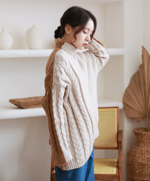 Isn't She？ ニット セーター ケーブル配色切替アシンメトリー