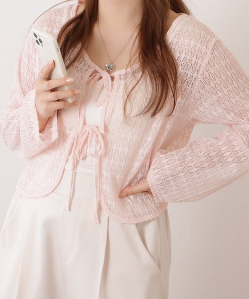 カーディガン レース編みコンパクトリボンカーディガン レディース