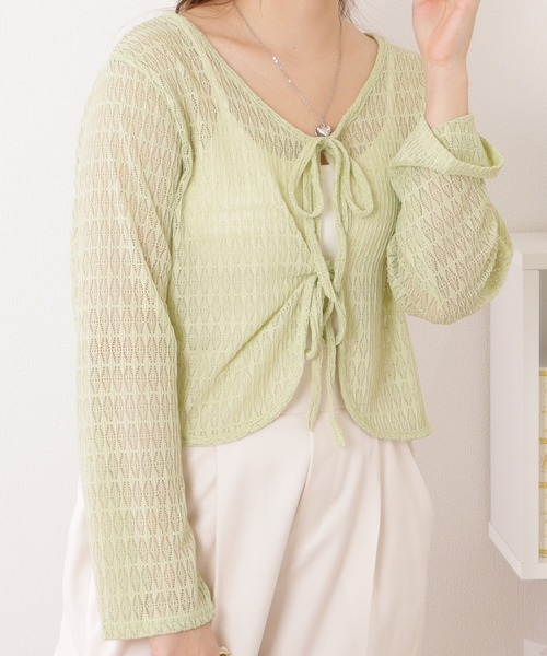 カーディガン レース編みコンパクトリボンカーディガン レディース