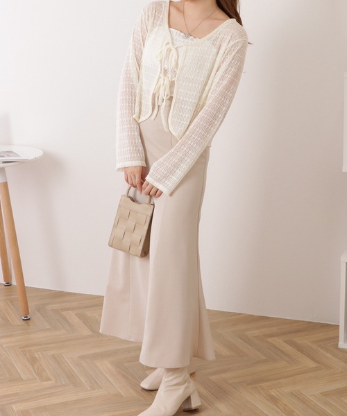カーディガン レース編みコンパクトリボンカーディガン レディース