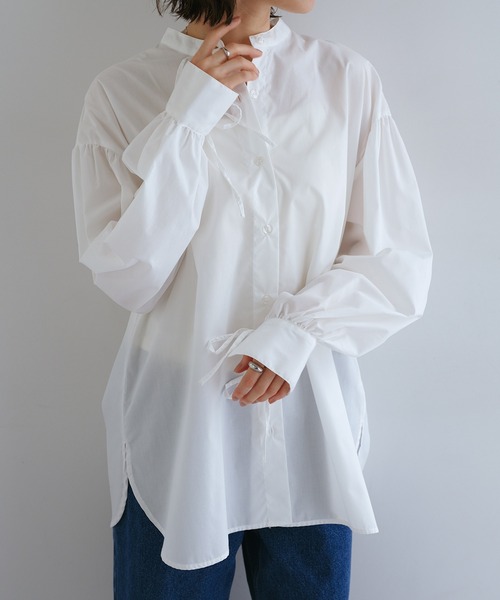 andme（アンドミー） ブラウス シャツ 袖リボンバンドカラー長袖シャツ
