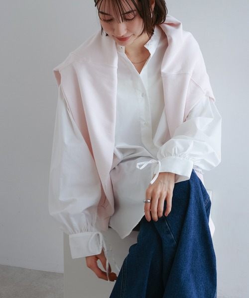 andme（アンドミー） ブラウス シャツ 袖リボンバンドカラー長袖シャツ