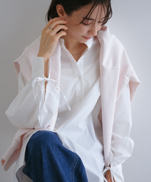 andme（アンドミー） ブラウス シャツ 袖リボンバンドカラー長袖シャツ