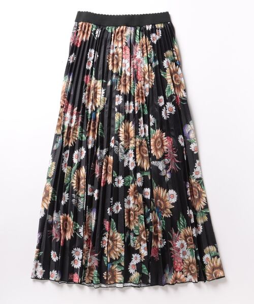 スカラー ScoLar 蝶花ひまわり柄メッシュプリーツスカート （アイボリー） スカラー ScoLar 蝶花ひまわり柄メッシュプリーツスカート