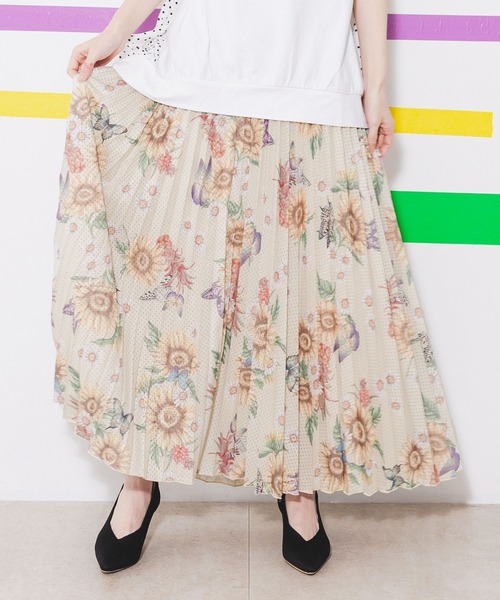 スカート 542231：蝶花ひまわり柄メッシュプリーツスカート レディース  