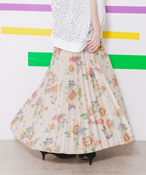 スカート 542231：蝶花ひまわり柄メッシュプリーツスカート レディース 