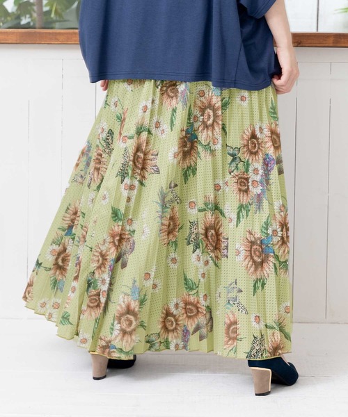 スカート 542231：蝶花ひまわり柄メッシュプリーツスカート レディース  