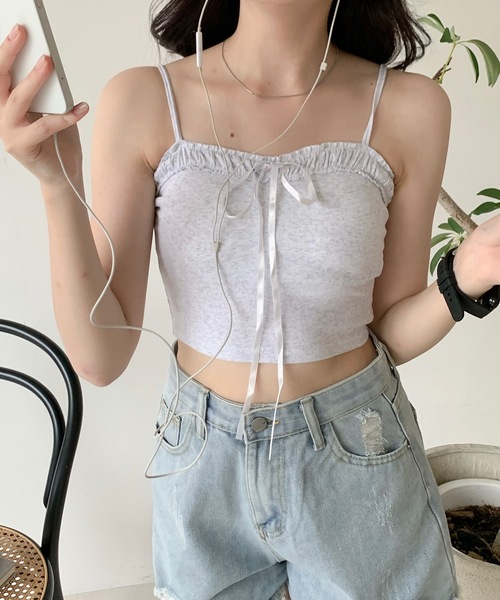 キャミソール フリルビッグリボン ショート リブキャミソール