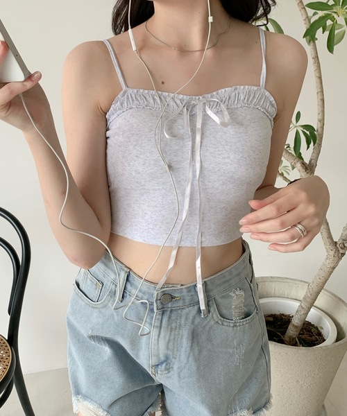 キャミソール フリルビッグリボン ショート リブキャミソール