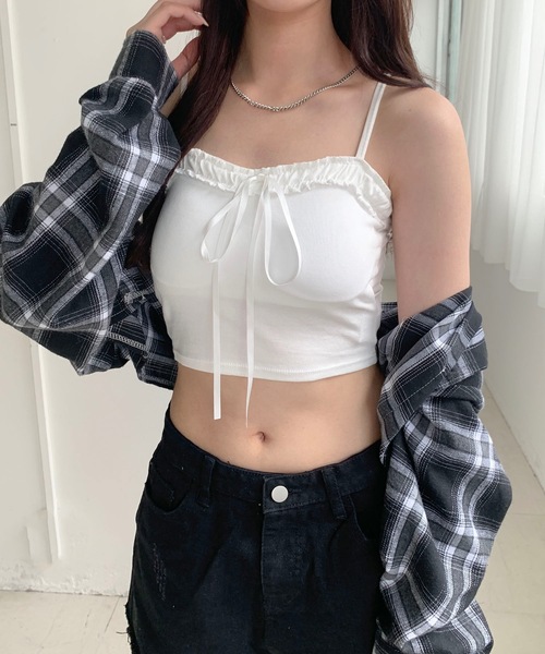 キャミソール フリルビッグリボン ショート リブキャミソール