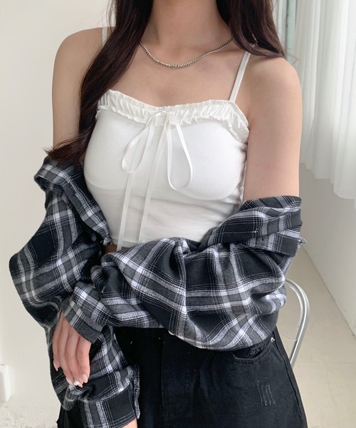 キャミソール フリルビッグリボン ショート リブキャミソール