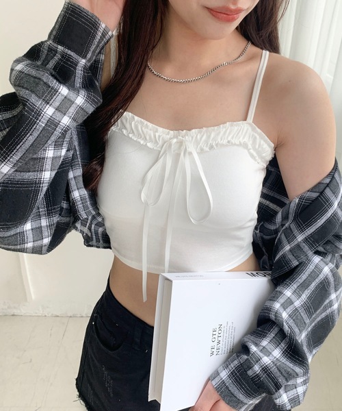 キャミソール フリルビッグリボン ショート リブキャミソール