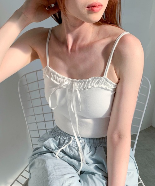 キャミソール フリルビッグリボン ショート リブキャミソール