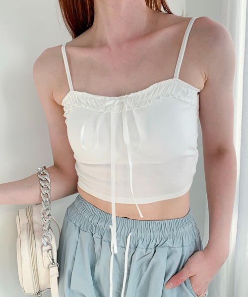 キャミソール フリルビッグリボン ショート リブキャミソール