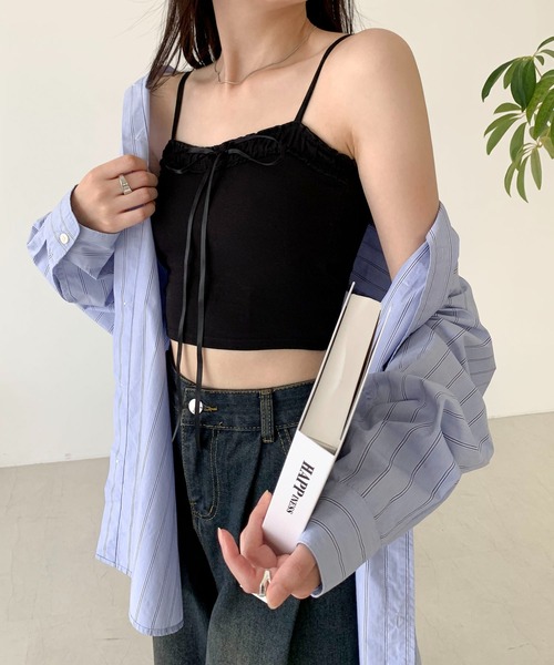 キャミソール フリルビッグリボン ショート リブキャミソール