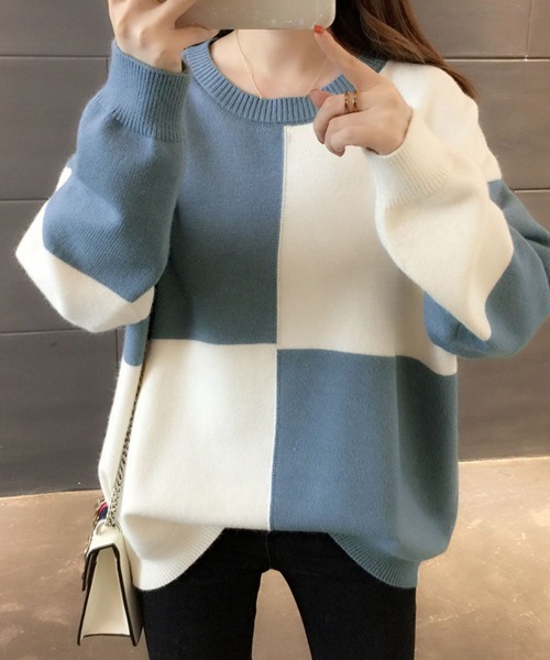 ニット　トップス JAYRO ニット セーター ブロックチェック柄ニットトップス