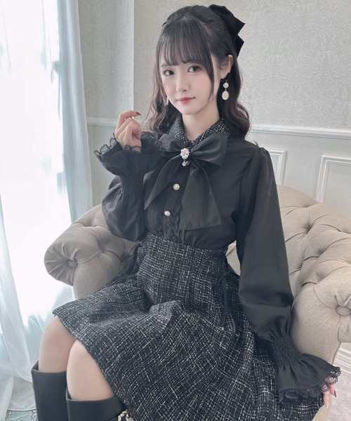 2way リボンタイ付きチュールレイヤードデザイン フリル襟ドッキング