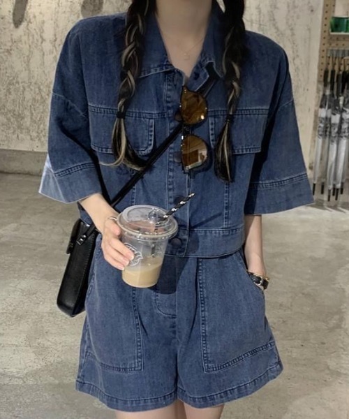 FUBU デニムセットアップ デニムシャツ＆ショートパンツセット CELENA BEATS セットアップ クロップド デニム シャツ ＆ ハイウエスト