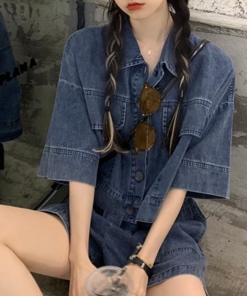 未使用級 美品 24AW IENA デニム ショートシャツ クロップド丈 CELENA BEATS セットアップ クロップド デニム シャツ ＆ ハイウエスト