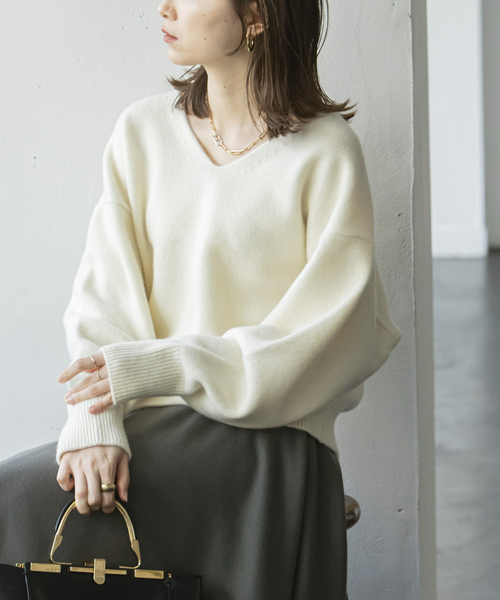 【未使用】NOBLE ノーブル 白 Vネックニット カシミヤ混 NOBLE（ノーブル） ニット セーター 「追加」YAKワイドVネックニット