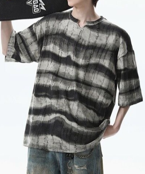 FreeZone tシャツ ストライプ VネックダメージTシャツ メンズ