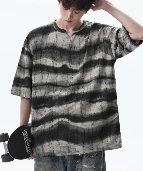 新品★☆ストライプ Tシャツ FreeZone tシャツ ストライプ VネックダメージTシャツ メンズ