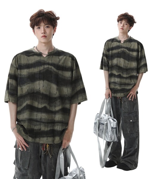 FreeZone tシャツ ストライプ VネックダメージTシャツ メンズ