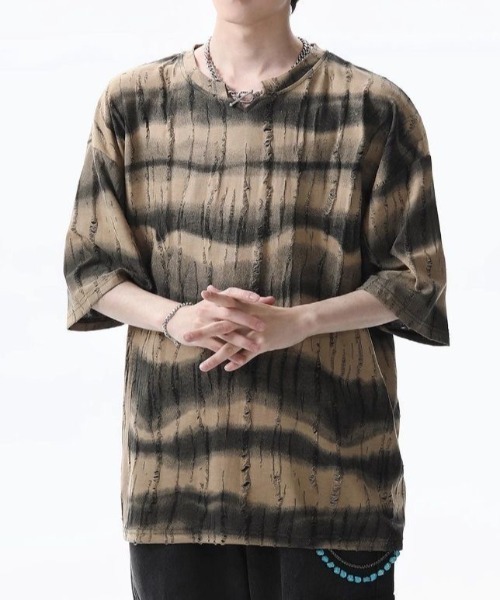 FreeZone tシャツ ストライプ VネックダメージTシャツ メンズ