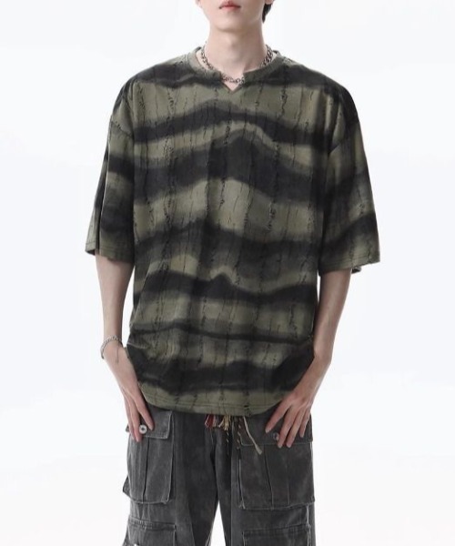 FreeZone tシャツ ストライプ VネックダメージTシャツ メンズ
