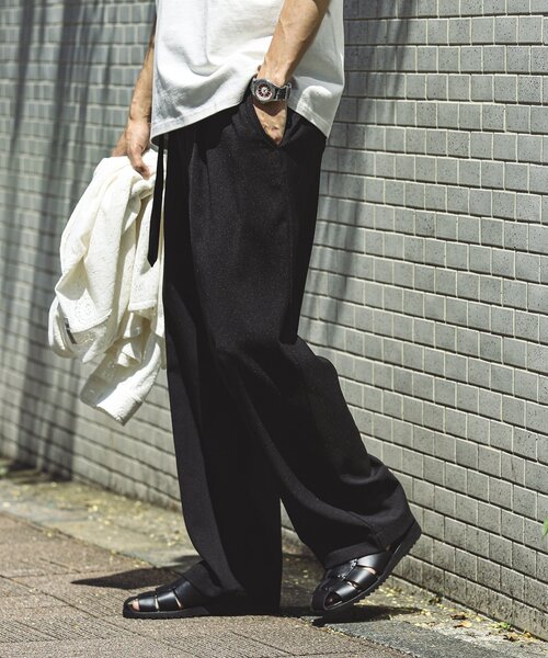 RANDY 20ss 裾メッシュ切り替え ワイドスラックス RBC】【春夏】2タックワイドパンツ/ブラック/サイド尾錠/4S