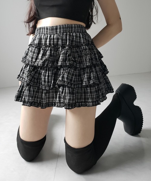 スカート Check embroidery tiered mini skirt me+em select（ミームセレクト） スカート 夏 「 インナーパンツ裏地付