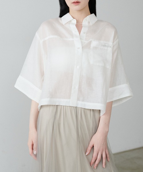 LARUTA ブラウス シャツ 「LARUTA」シアー半袖刺繍ロゴシャツ