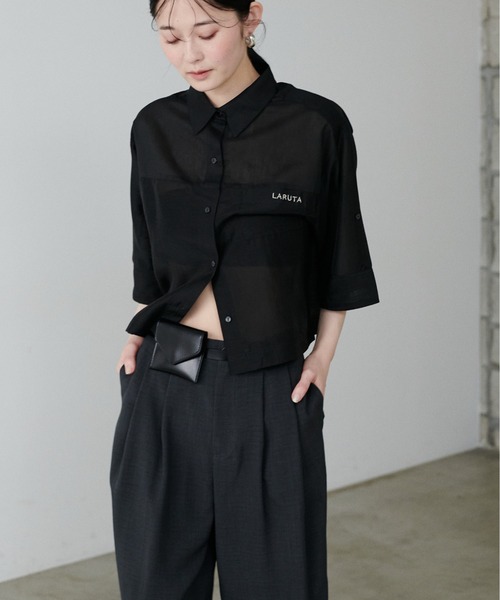 ブラウス シャツ 「LARUTA」シアー半袖刺繍ロゴシャツ レディース
