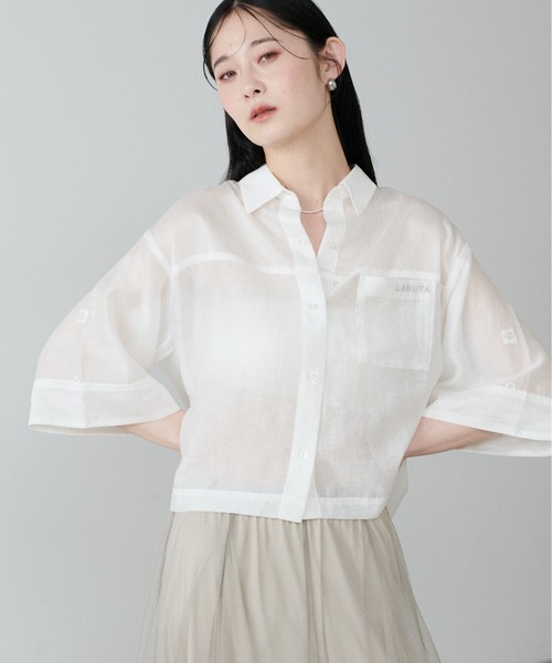 ブラウス シャツ 「LARUTA」シアー半袖刺繍ロゴシャツ レディース LARUTA ブラウス シャツ 「LARUTA」シアー半袖刺繍ロゴシャツ
