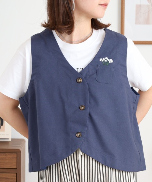 ベスト ジレ 世界で1点物 Quelle Chance ベスト ジレ ワンポイント刺繍ベスト レディース