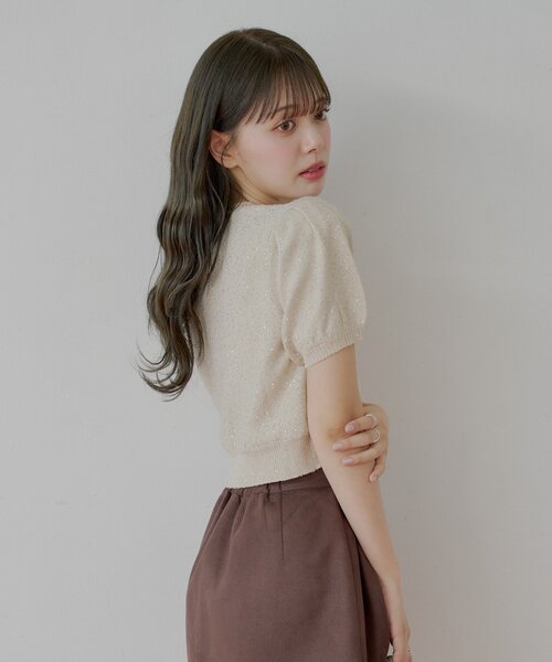 【美品】CELINE パフスリーブ サマーニット 千鳥柄 ブラウン Sサイズ Petiteカラーパフスリーブニット