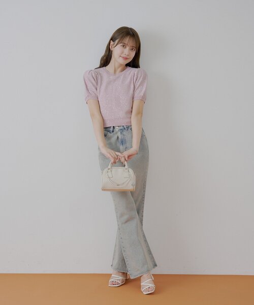 未使用！M'sGRACY 秋色　ニットのウエストフリル、目の整ったスパンコール Chico ニット セーター 「新色追加」パフスリーブスパンコール