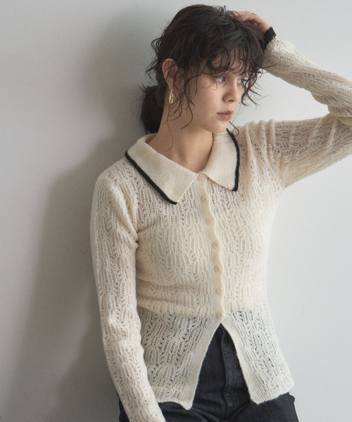 &. NOSTALGIA（ノスタルジア） カーディガン 襟付き配色シアーニット