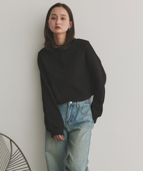 ad thie（アドティエ） tシャツ ヘンリーネック ショート丈 ワッフル