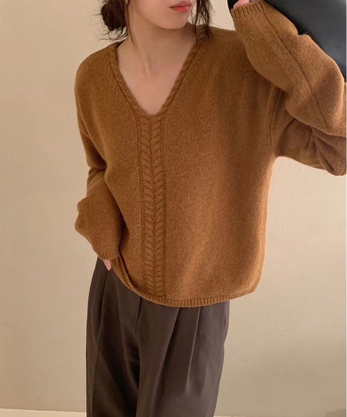 BLANC FICELLE セーター ニット ケーブル編み Vネック セーター メンズ