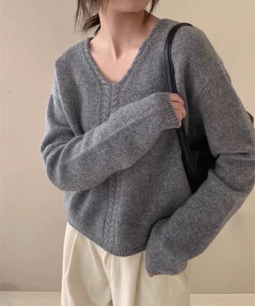 BLANC FICELLE ニット セーター ケーブル編み Vネック セーター