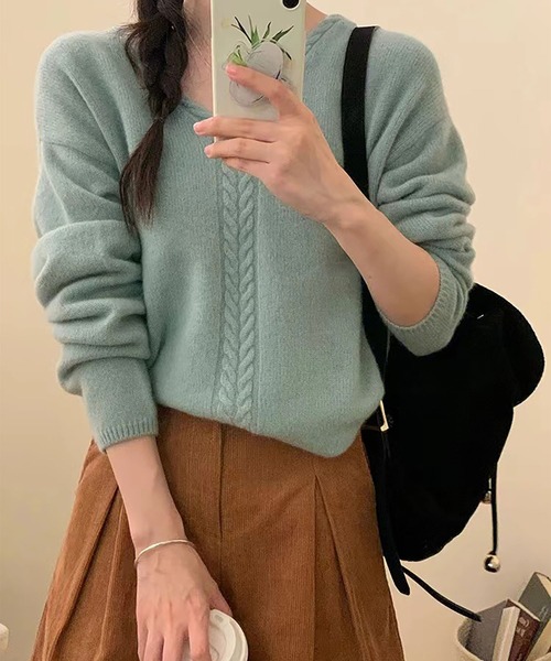 BLANC FICELLE ニット セーター ケーブル編み Vネック セーター