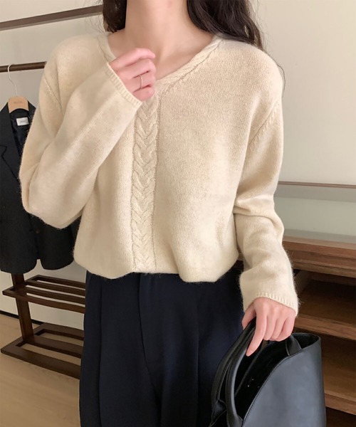 BLANC FICELLE セーター ニット ケーブル編み Vネック セーター メンズ
