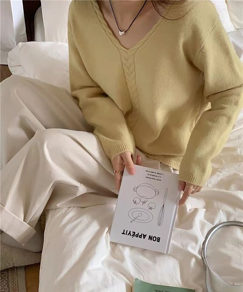 BLANC & ECLARE ケーブルニット セーター 韓国　ジェシカ BLANC FICELLE ニット セーター ケーブル編み Vネック セーター