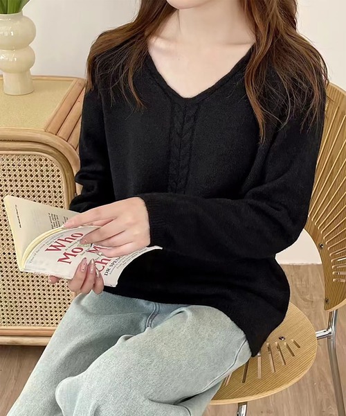 BLANC FICELLE セーター ニット ケーブル編み Vネック セーター メンズ