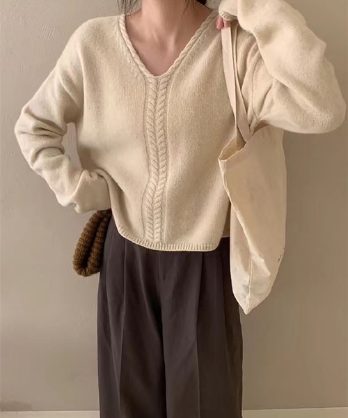 BLANC FICELLE ニット セーター ケーブル編み Vネック セーター